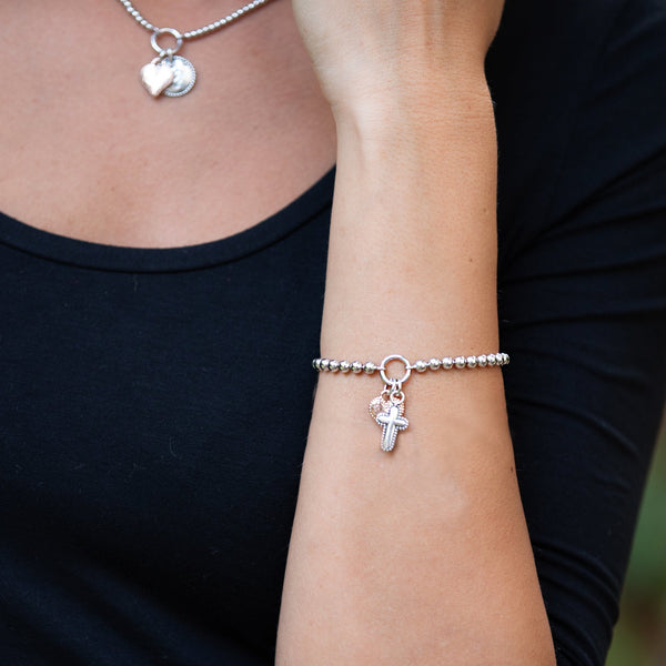 4mm Solid Beads Cross and Heart Bracelet
