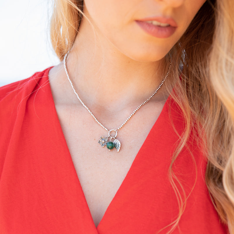 Malachite Beaded Floral Charm Necklace