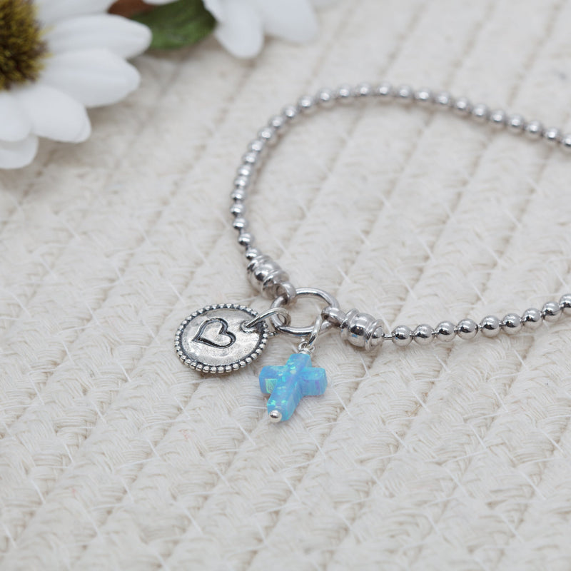 Stretch Charm Bracelet Opal Cross and Heart Charm