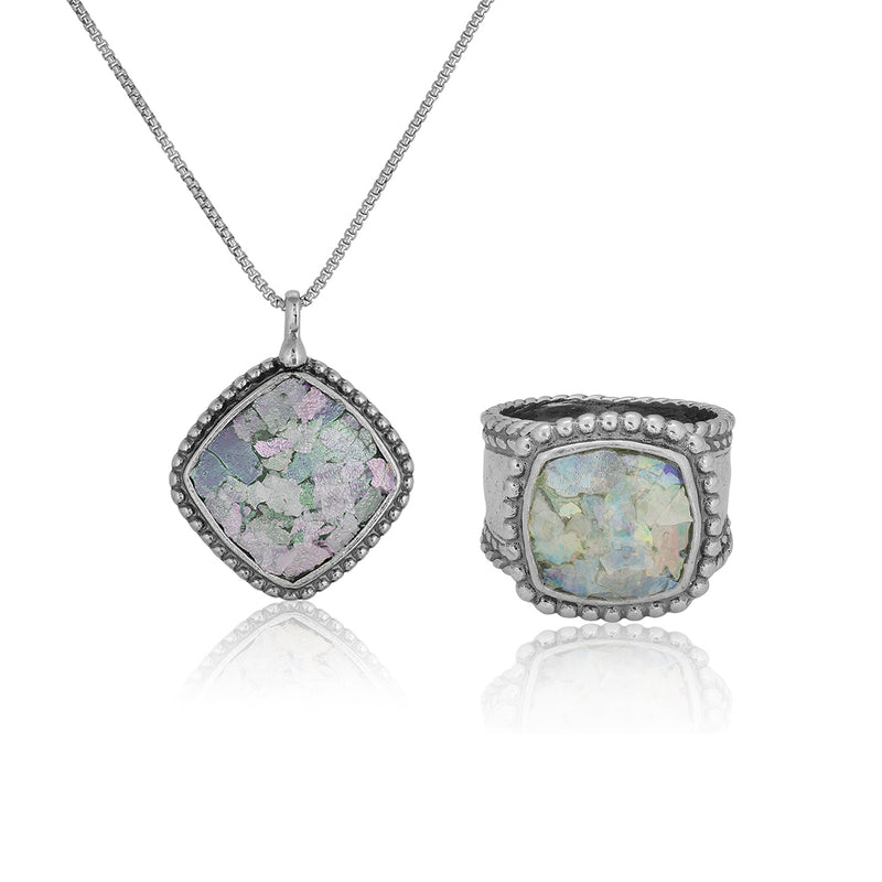Roman Glass Diamond-Shaped Ring and Necklace Set