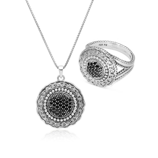 Set of Gemstones Floral Lace Ring and Necklace