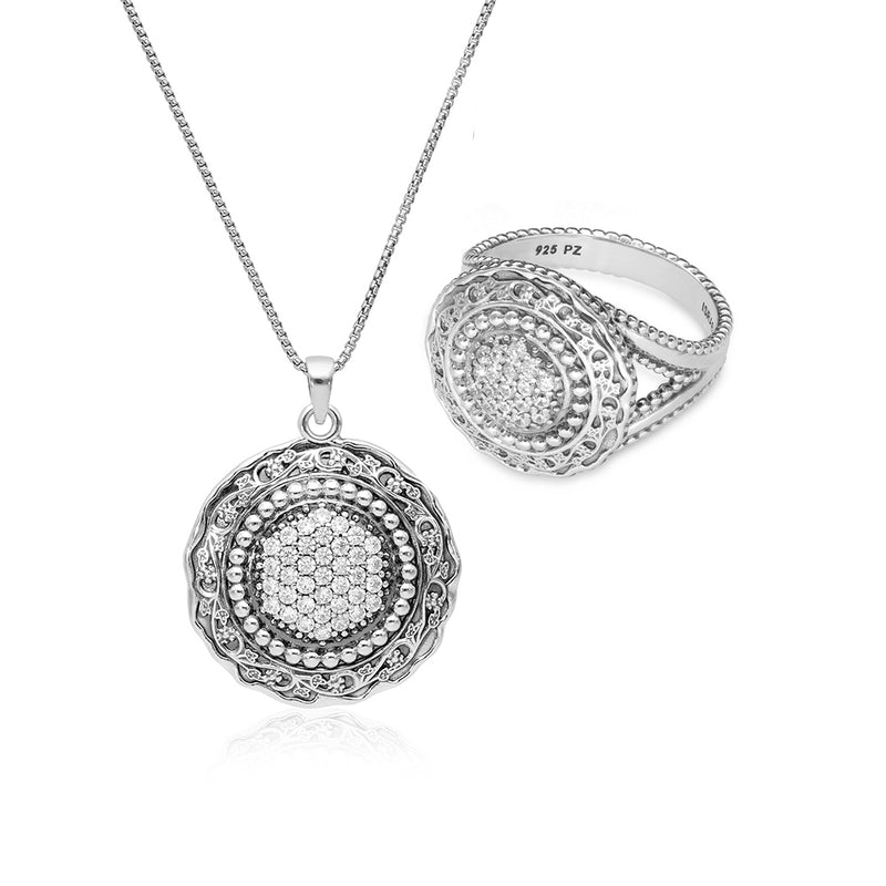 Set of Gemstones Floral Lace Ring and Necklace