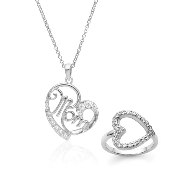 Set of 'MOM' Heart Necklace and Heart Ring with Gemstones