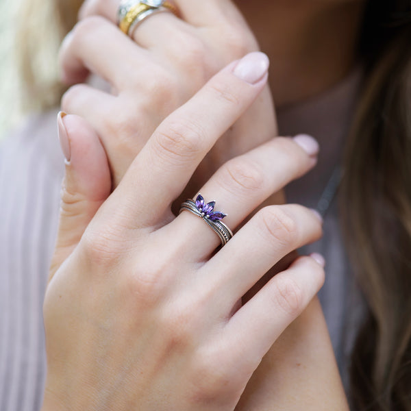 Marquise Gemstone Beaded Band Ring