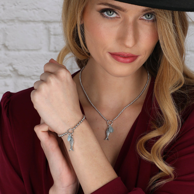 Fish Charm Beaded Bracelet and Necklace Set