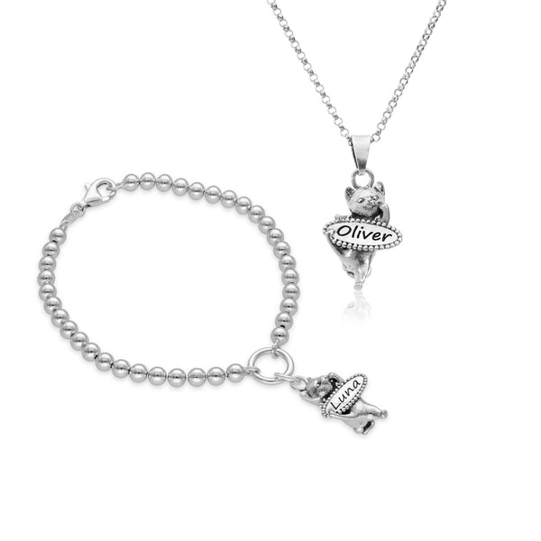 Personalized Cat Name Necklace and Bracelet Set