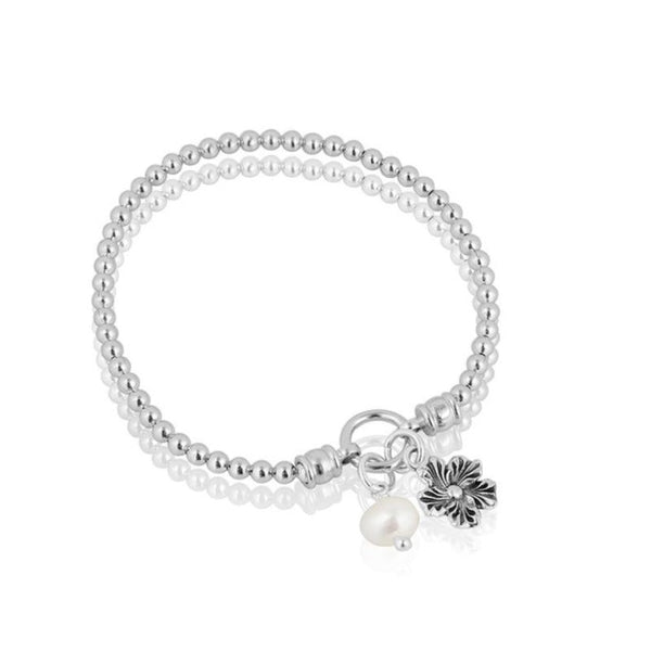 Pearl and Daisy Charm Stretch Bracelet Sterling Silver - dannynewfeld