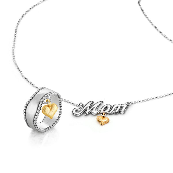 Set of Engravable Heart Charm Ring and Mom Necklace